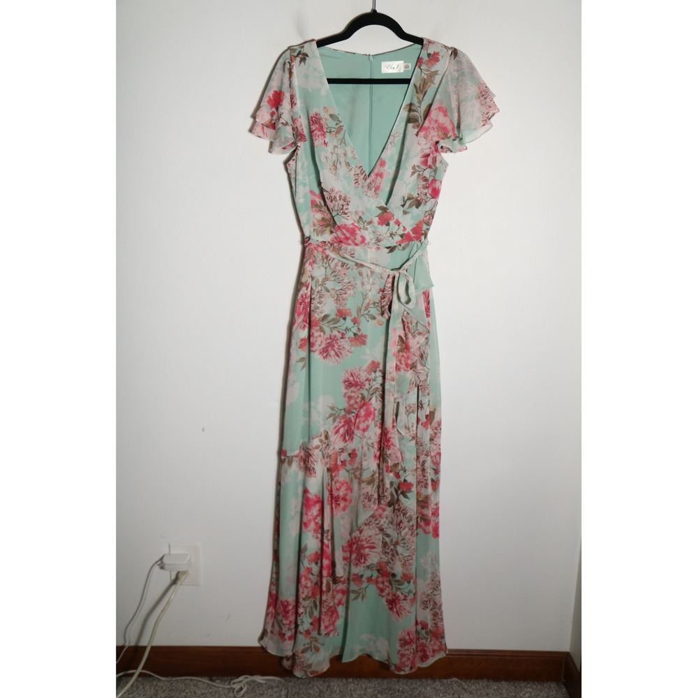 Eliza J Floral V Neck Flutter Sleeve Faux Wrap Maxi Dress 14 Garden Cottage Pink